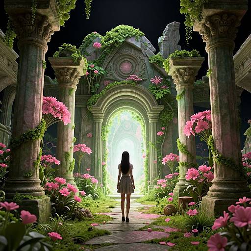 Digital art: A girl in a white skirt and black top stands in a luminous, overgrown, pink-flowered, ancient ruin archway.