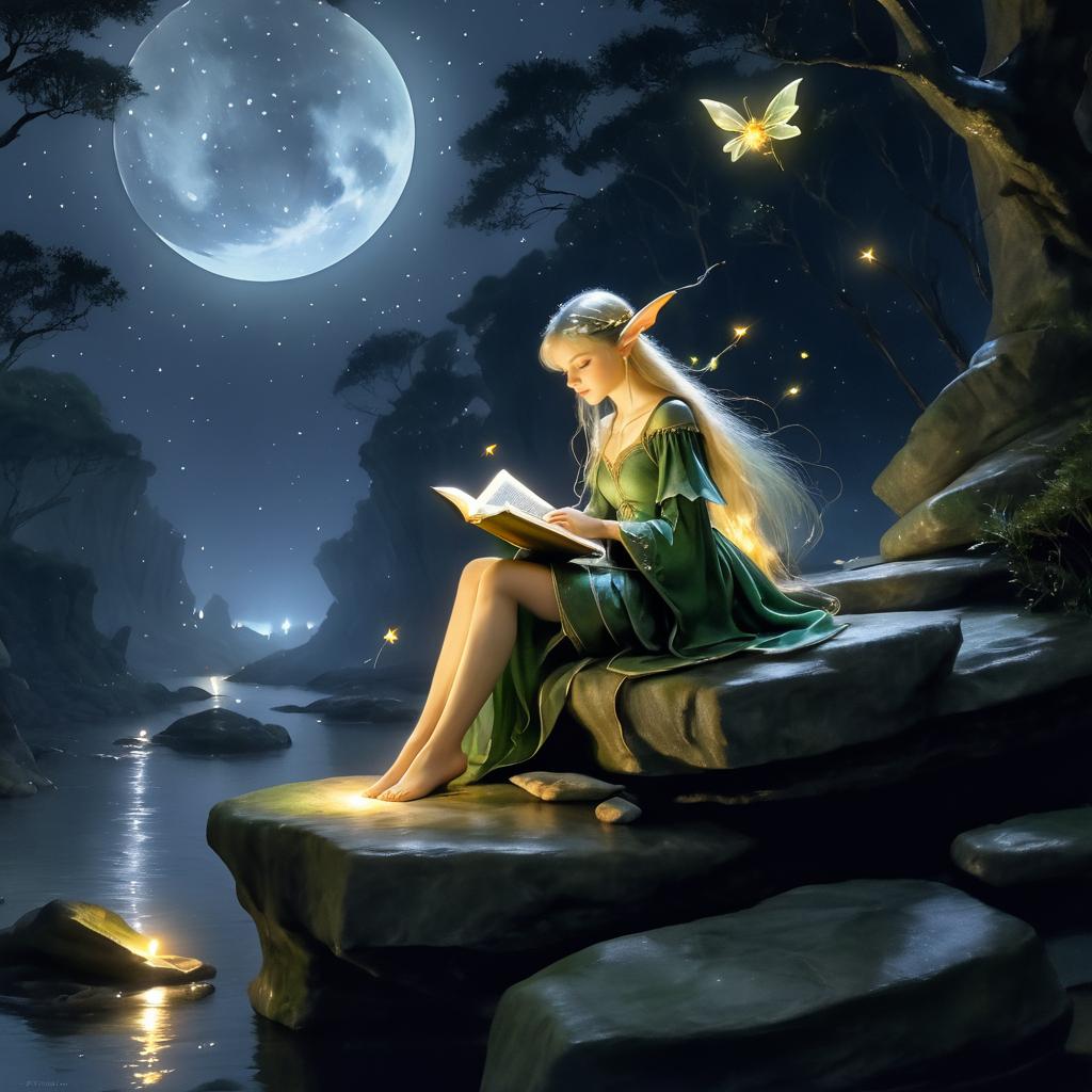 Ethereal Elf Reading Under Fireflies