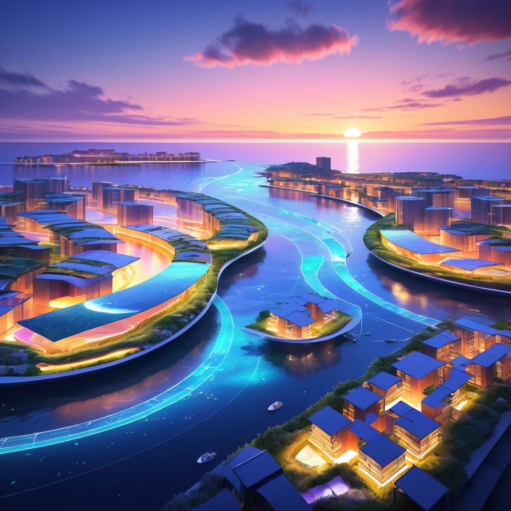 Tidal-Powered Coastal City at Sunset