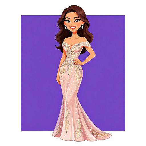 Digital illustration of a smiling woman with long brown hair wearing an off-shoulder, light pink, lace-embellished, floor-length gown,