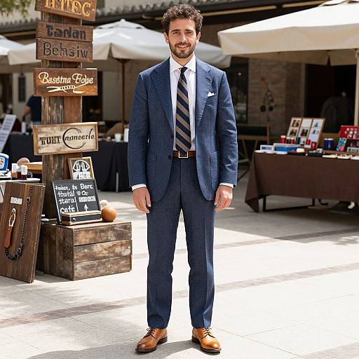 Photograph of a bearded man with curly hair, wearing a navy blue suit, white shirt, striped tie, and brown shoes, standing outdoors at