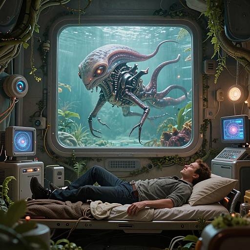 Digital art: Man lies on futuristic bed, gazing at aquarium with robotic, tentacled creature inside. Neon lights, tech panels, and green