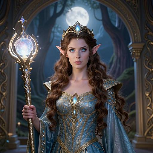 Digital artwork of a beautiful, elf-like woman with long brown hair, blue eyes, pointed ears, wearing a blue, gold-embellished gown