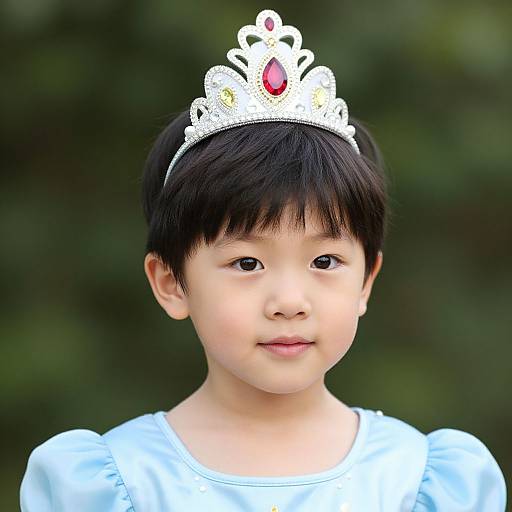 Photograph of an Asian boy with short black hair, wearing a white tiara with a red gem, and a light blue dress, against a blurred