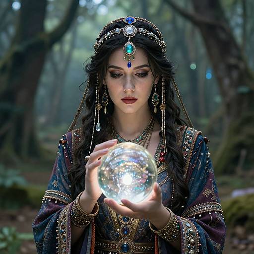 Digital artwork of a dark-haired woman in ornate, jeweled forest attire, holding a glowing crystal orb, with mystical forest background.