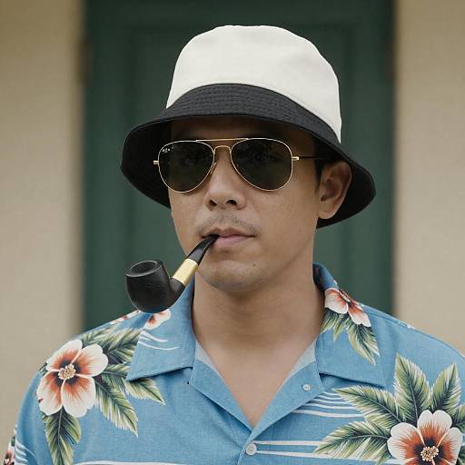 Man in Hawaiian Shirt Wearing Bucket Hat and Smoking Pipe