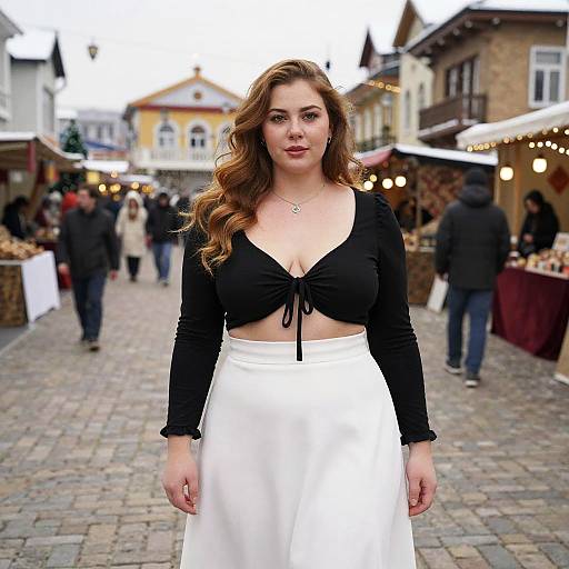 Photograph of a curvy woman with long brown hair, wearing a black crop top and white skirt, standing in a bustling outdoor market with cobble
