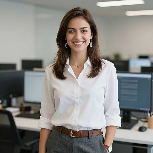 Photograph of a smiling young woman with medium-length brown hair, wearing a white blouse, gray skirt, and brown belt, standing in a modern office