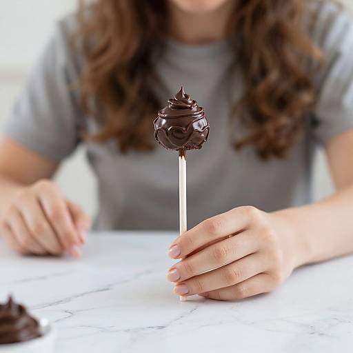 Photograph of a woman with long brown hair, wearing a gray shirt, holding a chocolate swirl lollipop on a stick.