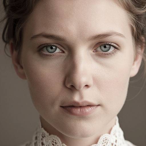 Close-up photograph of a fair-skinned woman with blue eyes, light brown hair, and a white lace collar, gazing intently.