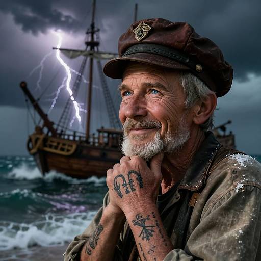 Photograph of a smiling, bearded, tattooed old man in a weathered naval cap and jacket, standing by a stormy sea with a