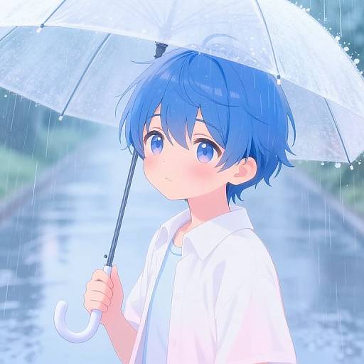 Anime-style digital illustration of a blue-haired boy with large blue eyes, holding a transparent umbrella in the rain, wearing a white shirt, with a blurred