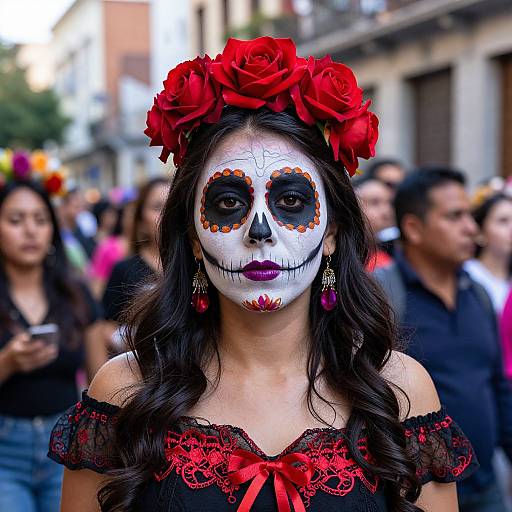 Photograph of a woman with dark hair, white face paint, red flower crown, black lace dress, and red floral eye designs, standing in a