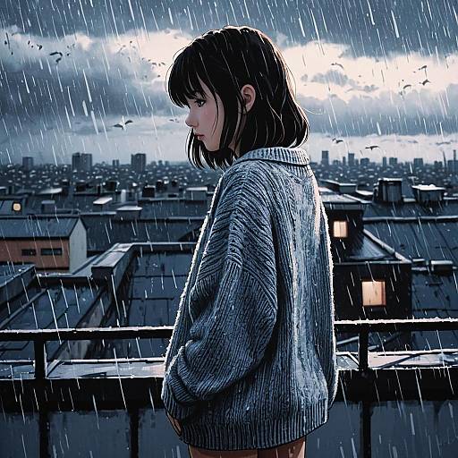 Teenage Girl in Sweater on Rainy Rooftop