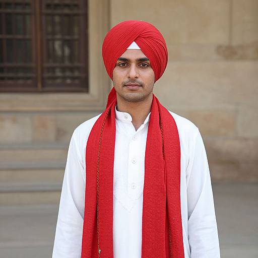 Photograph of a South Asian man with medium brown skin, wearing a white kurta, bright red turban, and matching red scarf, standing in
