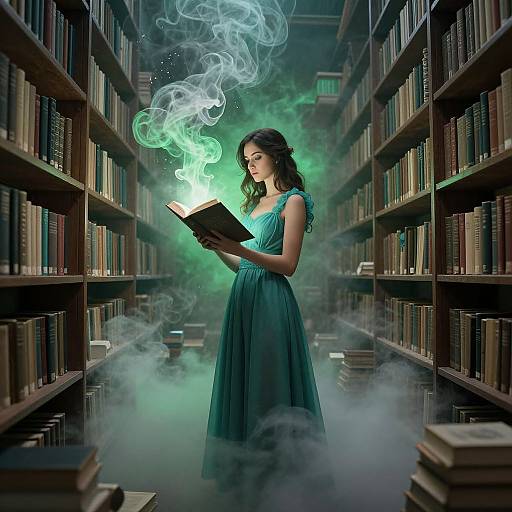 Photograph-style digital art of a woman in a teal dress, standing between towering bookshelves, reading a glowing book with green smoke.