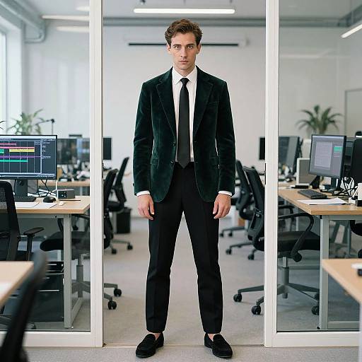 Photograph of a young man in a black velvet blazer, white shirt, black tie, and black pants standing in a modern, brightly lit office