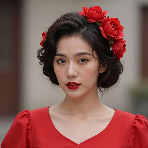Woman in Red Frock with Flowers