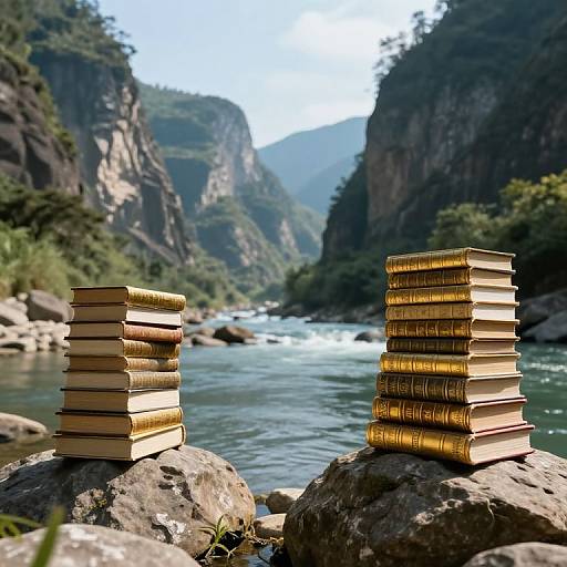 Photograph of two stacks of books on rocks in a scenic, mountainous river valley with clear water and lush greenery.