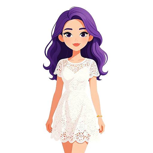Digital anime-style drawing of a cute, smiling young woman with purple hair, wearing a white lace dress and gold bracelet, against a white background.