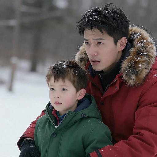 Father and Son in Winter Snow