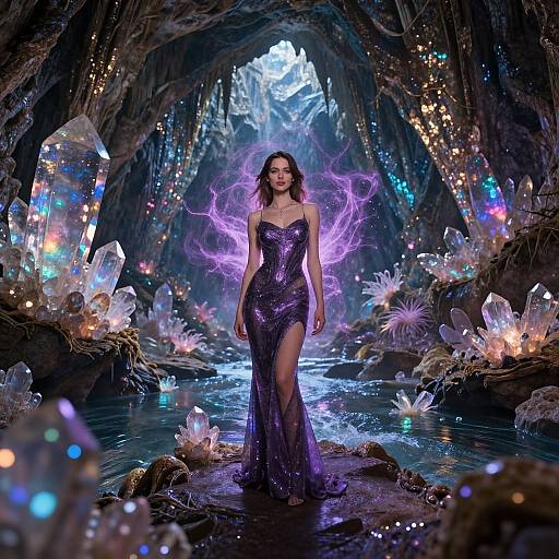 Magical cave photograph: Enchanting woman in shimmering purple dress, glowing purple aura, surrounded by bioluminescent crystals and glowing plants,