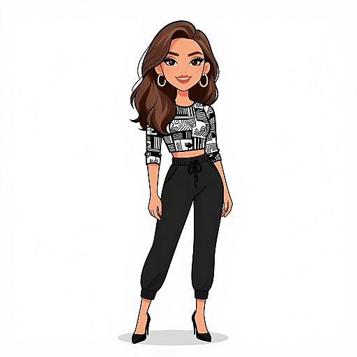Digital illustration of a confident, smiling woman with long brown hair, wearing a black-and-white crop top, high-waisted black pants, and black