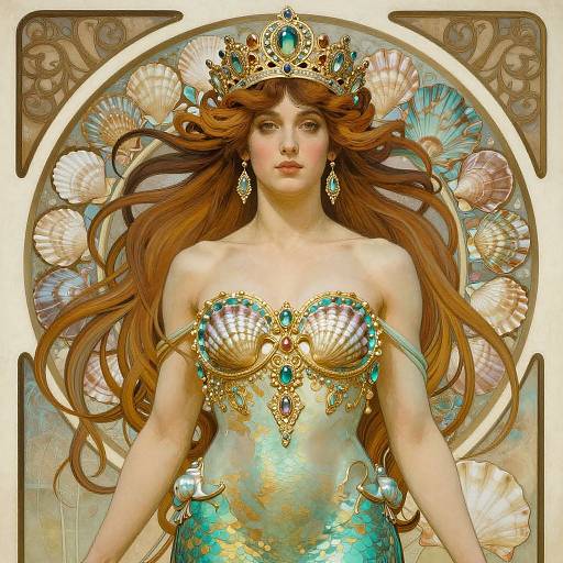 Digital painting of a fair-skinned, red-haired queen with a golden crown, pearl and turquoise strapless gown, surrounded by seashells.