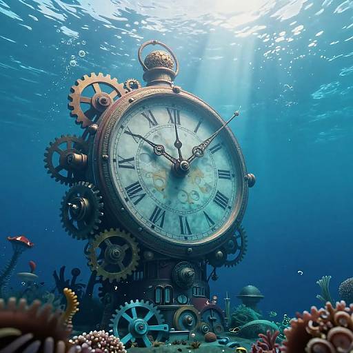 Steampunk underwater clock with gears, Roman numerals, and coral reef background, illuminated by sunlight filtering through the blue ocean.