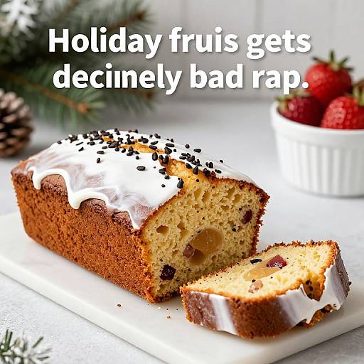 Photograph of a holiday fruit cake with white icing and black sprinkles, slice cut out, text 
