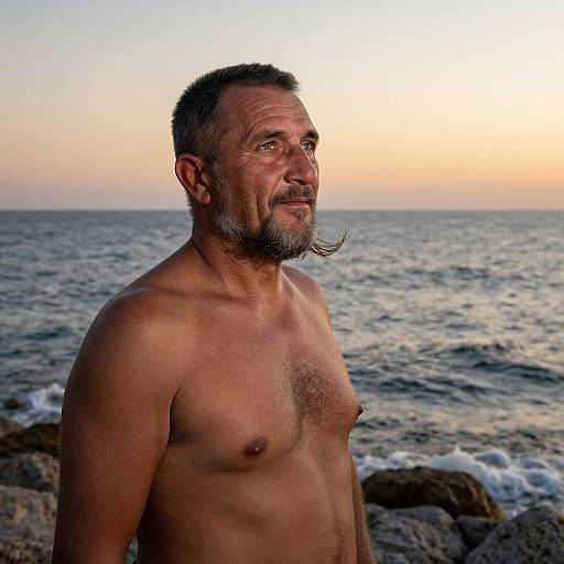 Photograph of a middle-aged, shirtless man with a graying mustache and short hair, standing on a rocky beach at sunset, gazing