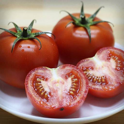 Photograph of three vibrant red tomatoes with green stems, two whole and one halved, showcasing juicy, seeded interior on a white plate.