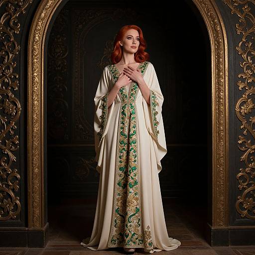 Photograph of a red-haired woman in a cream and green embroidered medieval-style robe, standing in an ornate, dark, gold-framed archway