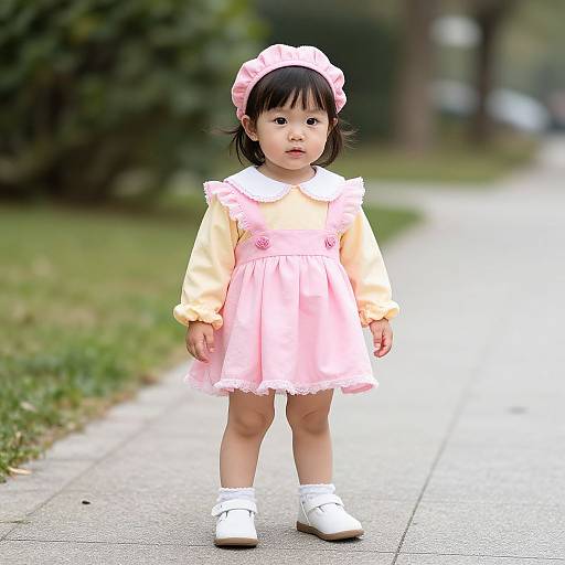 Photograph of an Asian toddler girl with black hair, wearing a pink dress, yellow sleeves, white shoes, and pink headband, standing on a