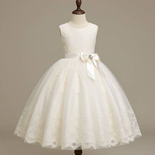 Photograph of a white, sleeveless, lace-embroidered, knee-length dress with a full skirt, tied at the waist, displayed on