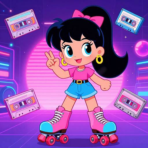 Cartoon girl with black hair, pink bow, blue shorts, pink roller skates, yellow earrings, flashing peace sign, surrounded by cassette tapes in