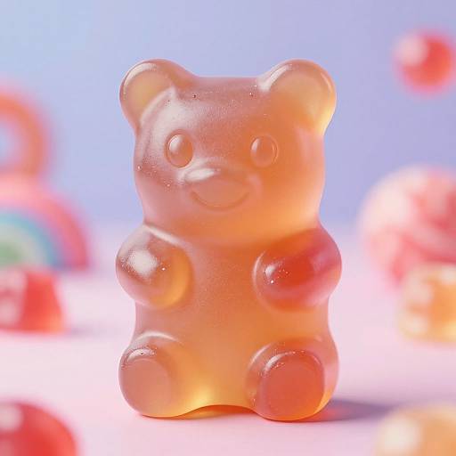 Photograph of a translucent, orange bear-shaped candy against a bright blue background with colorful, blurred candies in the foreground.