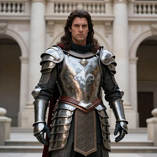 Photorealistic CGI of a stern, long-haired man in polished silver medieval armor with dark leather accents, standing before a grand, classical building.