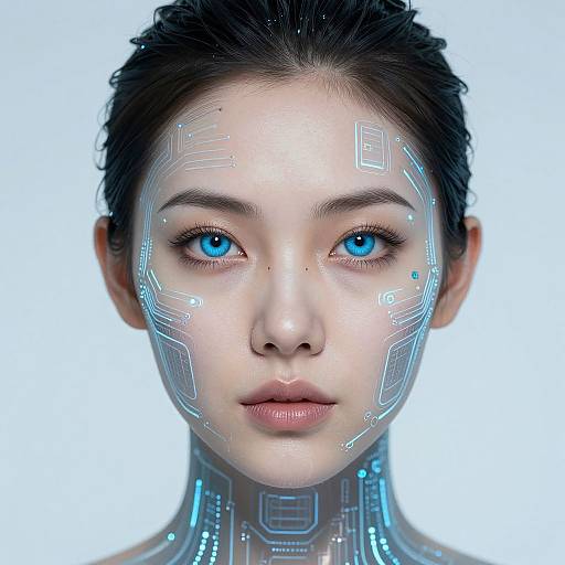 Digital artwork of a young Asian woman with glowing blue eyes, intricate cybernetic patterns on her face and neck, against a white background.