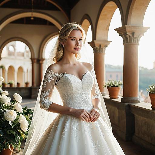 Elegant Blonde Bride in Lace Wedding Dress