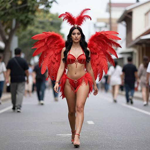 Woman in Red Feathered Costume