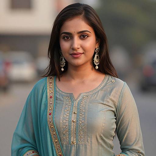 Photograph of an Indian woman with long dark hair, wearing a teal embroidered kameez, silver earrings, and a bindi, standing outdoors against