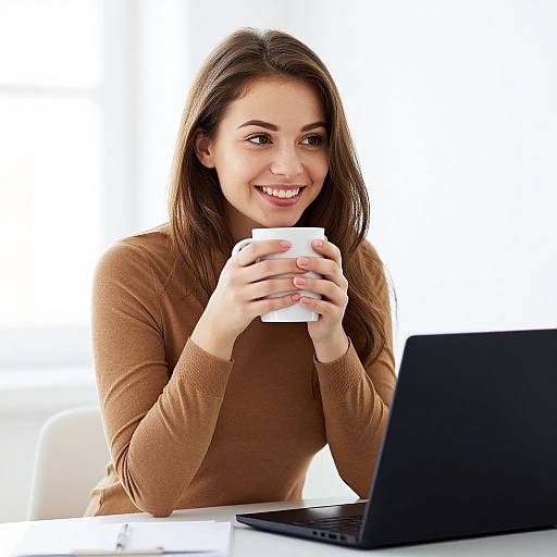 Photograph of a smiling woman with long brown hair, wearing a brown sweater, holding a white mug, sitting at a white desk with a black laptop