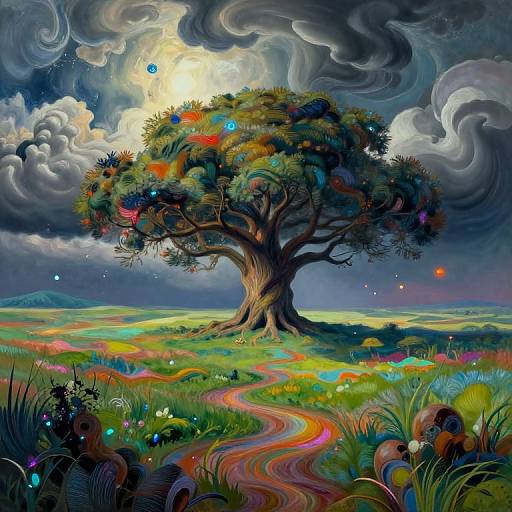 Vivid, surreal digital painting of a large, colorful tree with glowing orbs under a swirling, stormy sky over a rainbow path.