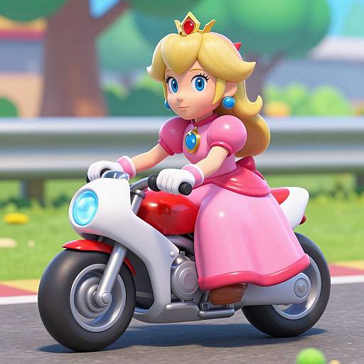 Digital CGI of Princess Peach in a pink dress and crown riding a red and white motorcycle, with a blurred green outdoor background.