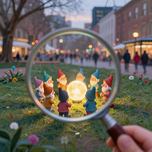 Photograph of a hand holding a magnifying glass over colorful garden gnomes and a glowing lantern, with blurred urban background.