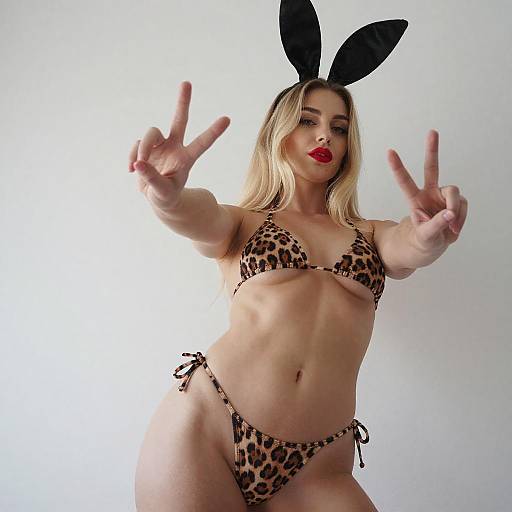 Blonde Woman in Leopard Bikini and Bunny Ears