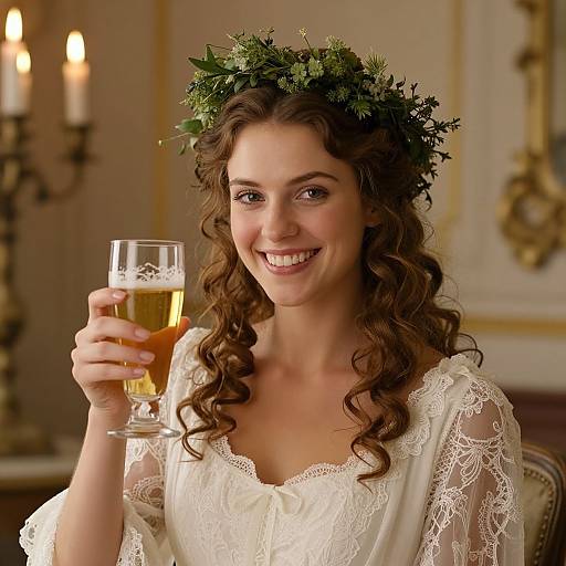 Photograph of a smiling woman with curly brown hair, wearing a green leaf wreath and white lace dress, holding a glass of beer, in a