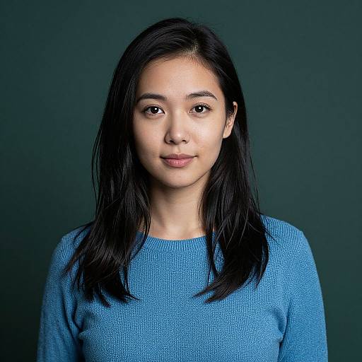 Photograph of an Asian woman with straight black hair, light skin, wearing a blue knit sweater, against a dark green background.