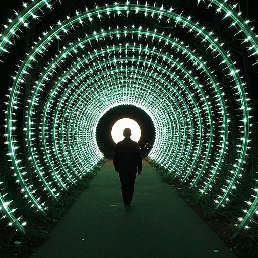 Photograph of a silhouetted person walking through a glowing, green-lit, circular tunnel with concentric patterns of bright lights. Bright exit